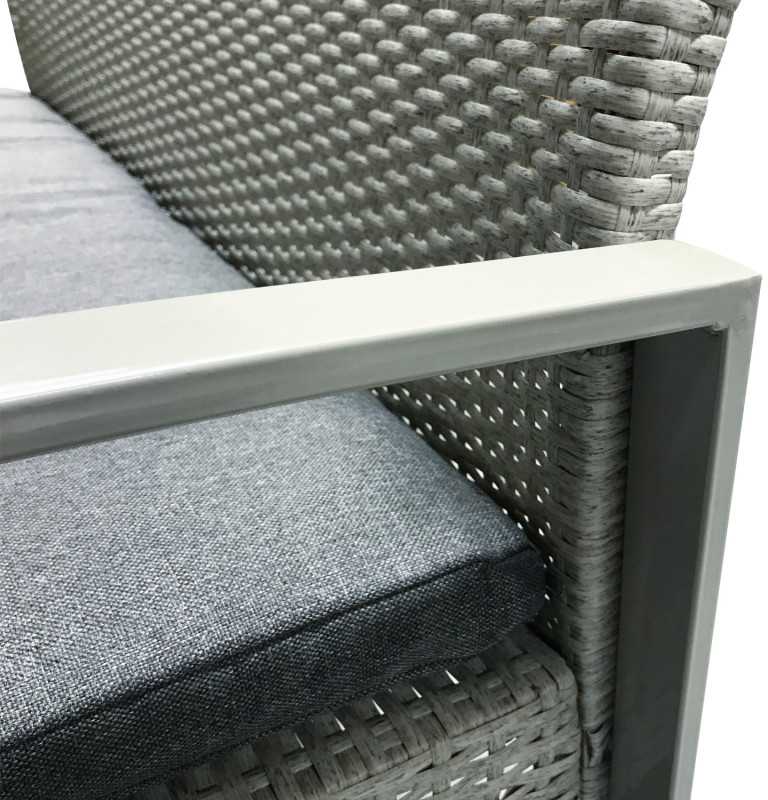 Lauko baldų komplektas Home4You Komplektas VICTORIA su pagalvėlėmis, stalas, sofa ir 2 foteliai, rėmas: plienas su sintetine vytele, spalva: pilka