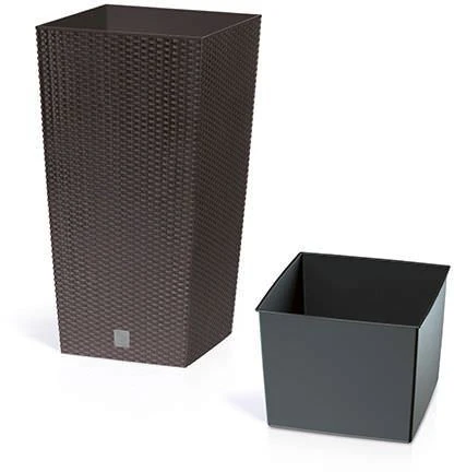 Prosperplast Lauko plastikinis vazonas RATO SQUARE, su įdėklu, rudos sp., 33 x 33 x 61 cm
