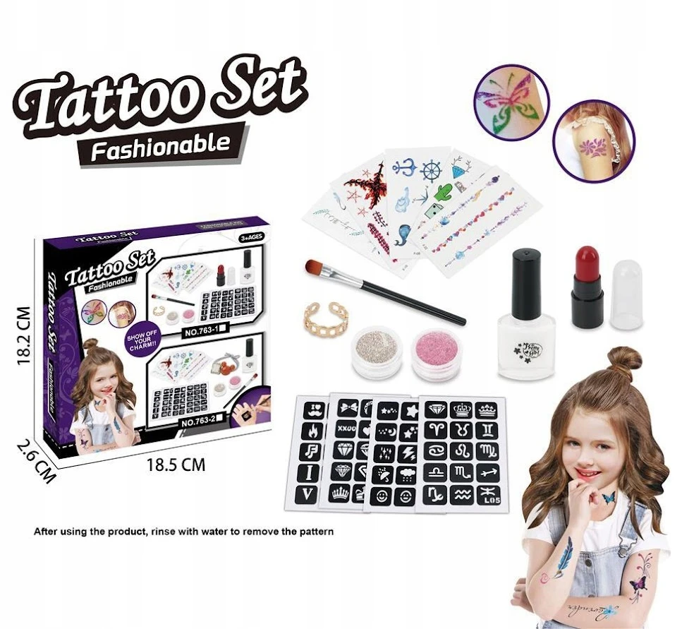 Lean Toys TATUiruočių rinkinys, Blizgančios tatuiruotės, lipdukai, POLIKAS, DOVANA 3 viename