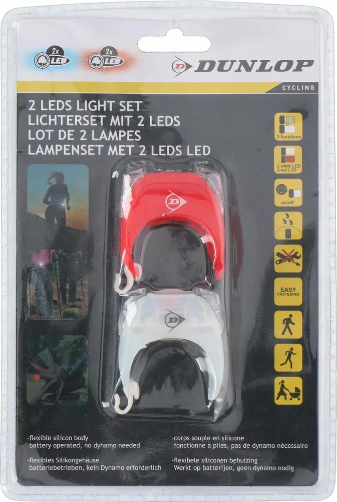 SILIKONINIŲ LED DVIRAČIO ŽIBINTŲ RINKINYS PRIEKINIS GALINIS DELUXE 2 LED DUNLOP 417929