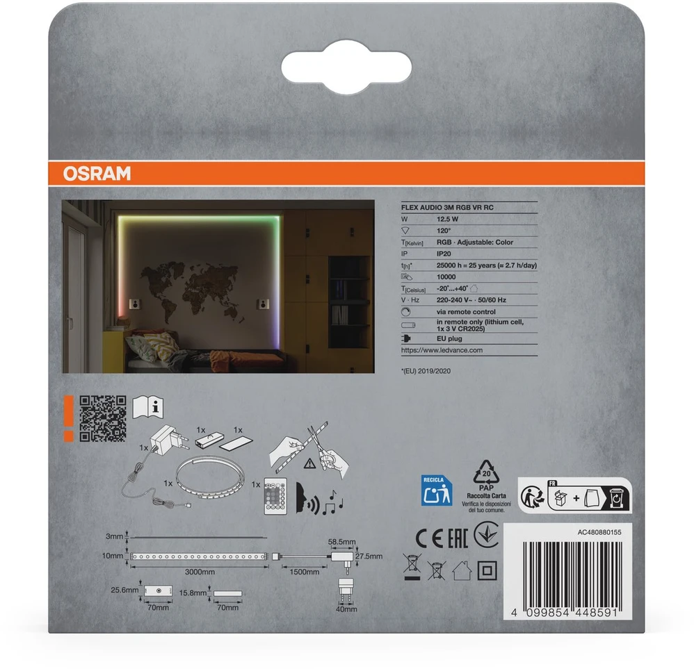 Osram 4,2W/m LED juosta FLEX AUDIO, RGB, IP20, su nuotolinio valdymo pulteliu, 3m
