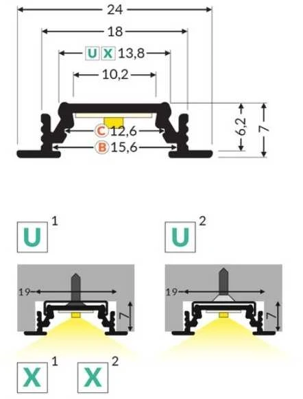 LED juostos profilis GROOVE10 BC/UX, juodas, 2m