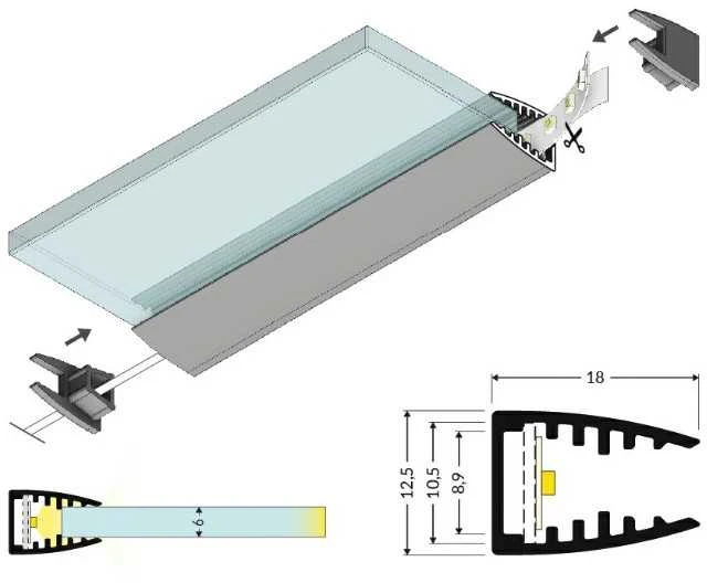 LED juostos profilis MIKRO10, anoduotas aliuminis, 2m, su plokštele LED juostos montavimui