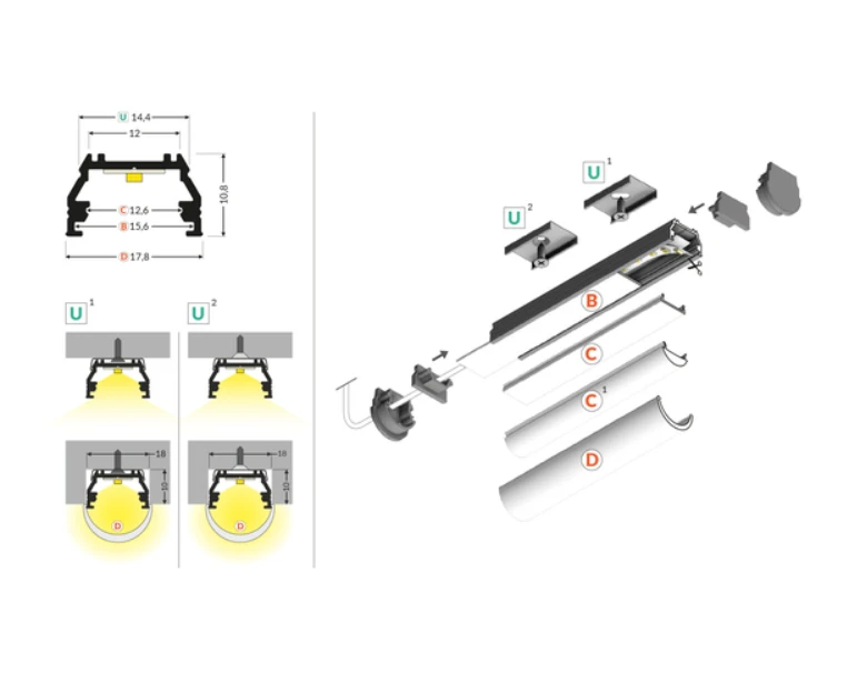 LED juostos profilis UNI12 BCD/U, anoduotas aliuminis, 2m