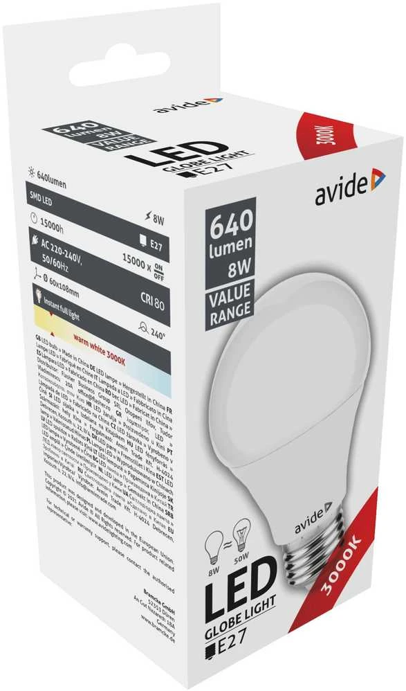 Avide LED lemputė 8W E27 3000K