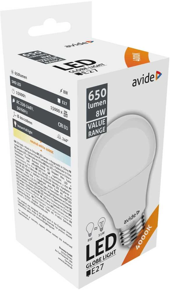 Avide LED lemputė 8W E27 4000K