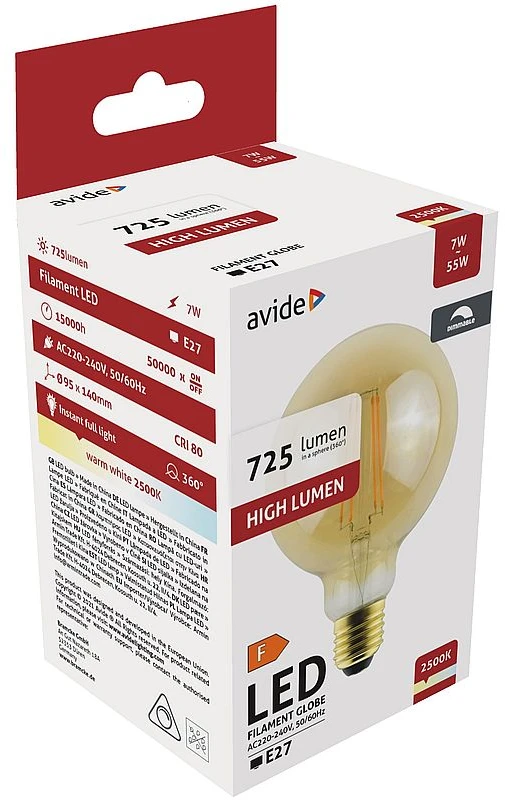 Avide LED lemputė 7W E27 G95 Amber Dimmable