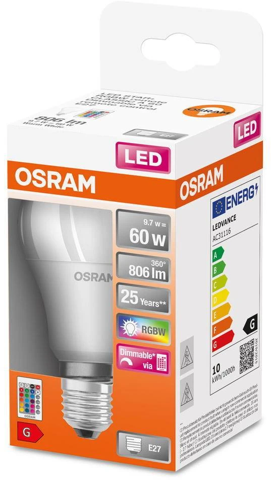 LED lemputė OSRAM, E14, B40, žvakės formos, 4,9W, 2700K, RGBW, 470 lm, matinė, su pulteliu