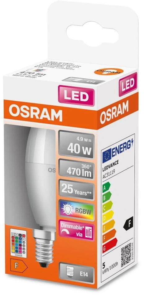 LED lemputė OSRAM, E14, B40, žvakės formos, 4,9W, 2700K, RGBW, 470 lm, matinė, su pulteliu
