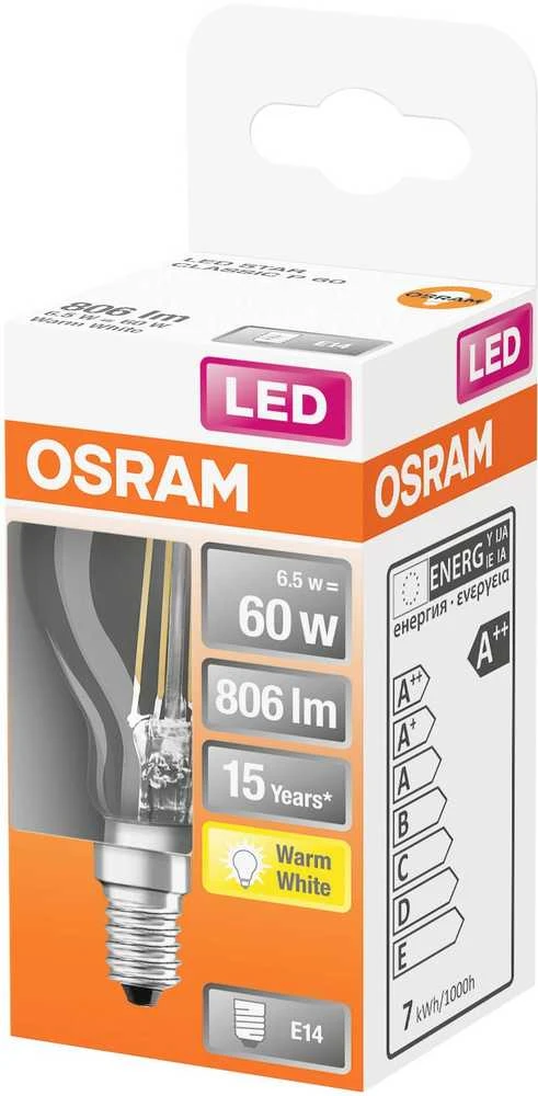 LED lemputė OSRAM Filament, E14, P60, burbuliukas, 5,5W, 2700K, 806lm, non-dim,skaidri
