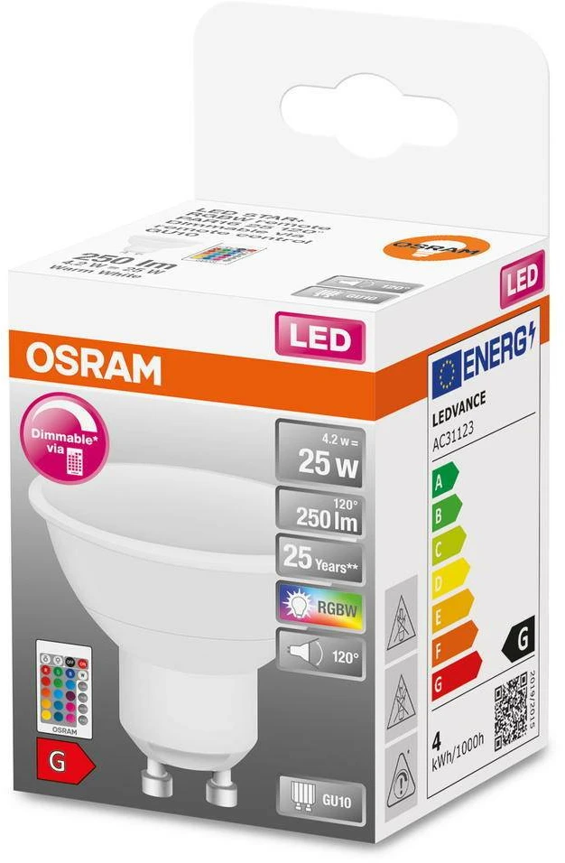Osram 4,5W LED lemputė RETROFIT RGBW su nuotolinio valdymo pulteliu, 2700K, GU10, dimeriuojama