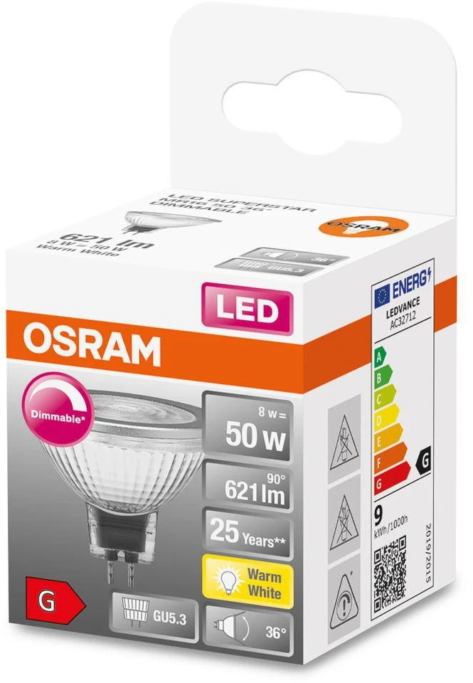 LED lemputė OSRAM Star MR16, GU5.3, 8W, 2700 K, 36°, 621 lm, dimeriuojama, šiltai baltos sp.