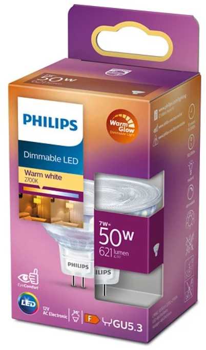LED lemputė PHILIPS, 36D, GU5.3, 7W (=50W), 2200-2700K, 621 lm, dimeriuojama, šiltos sp.