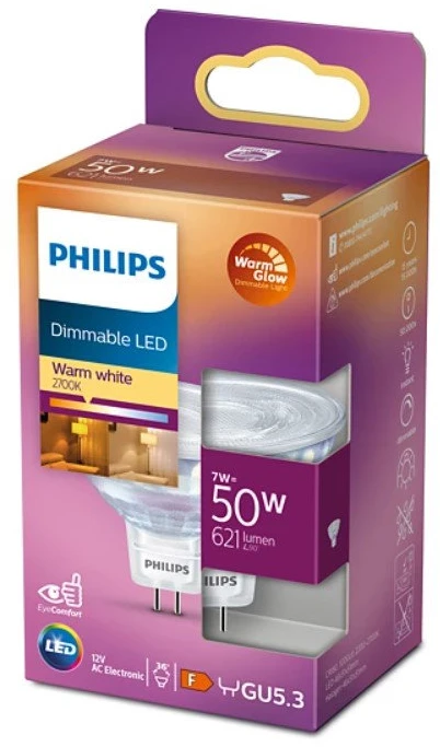 LED lemputė PHILIPS, 36D, GU5.3, 7W (=50W), 2200-2700K, 621 lm, dimeriuojama, šiltos sp.