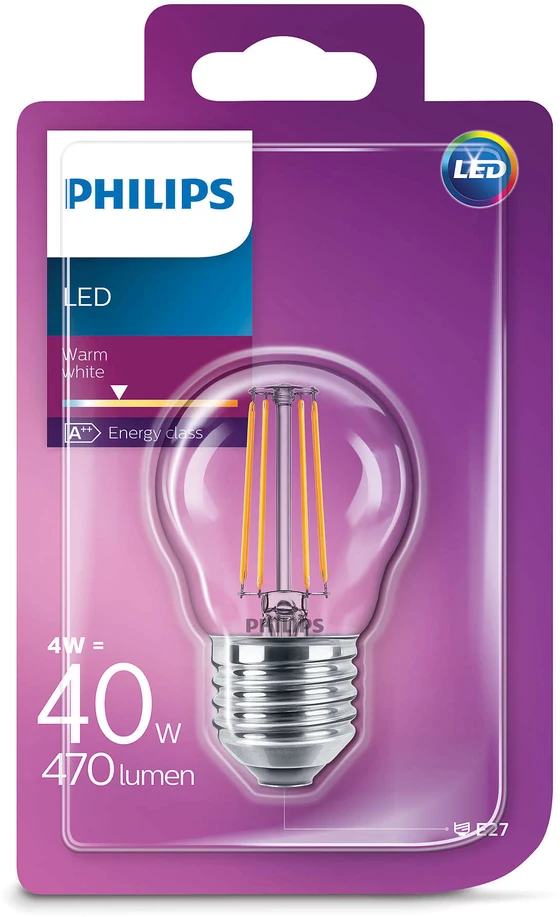 LED lemputė PHILIPS, P45, E27, 6,5 W, 806 lm, 2700 K