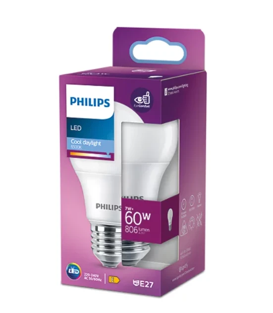 LED lemputė PHILIPS, E27, A60, 7W (=60W), 6500 K, 806 lm, NON-DIM