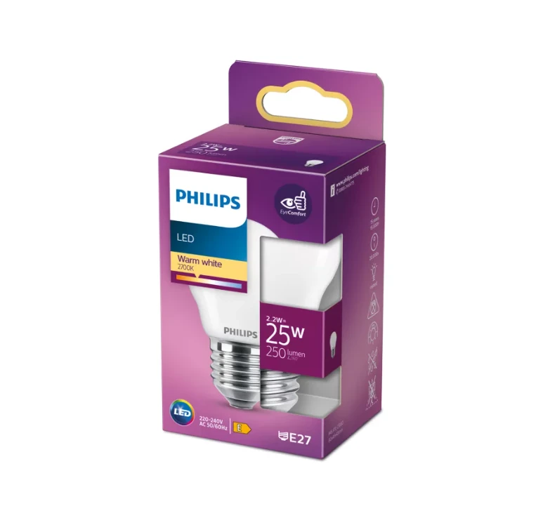 Led lemputė PHILIPS, E27, P45, 2,2W (=25W), 2700 K, 250 lm, matinė