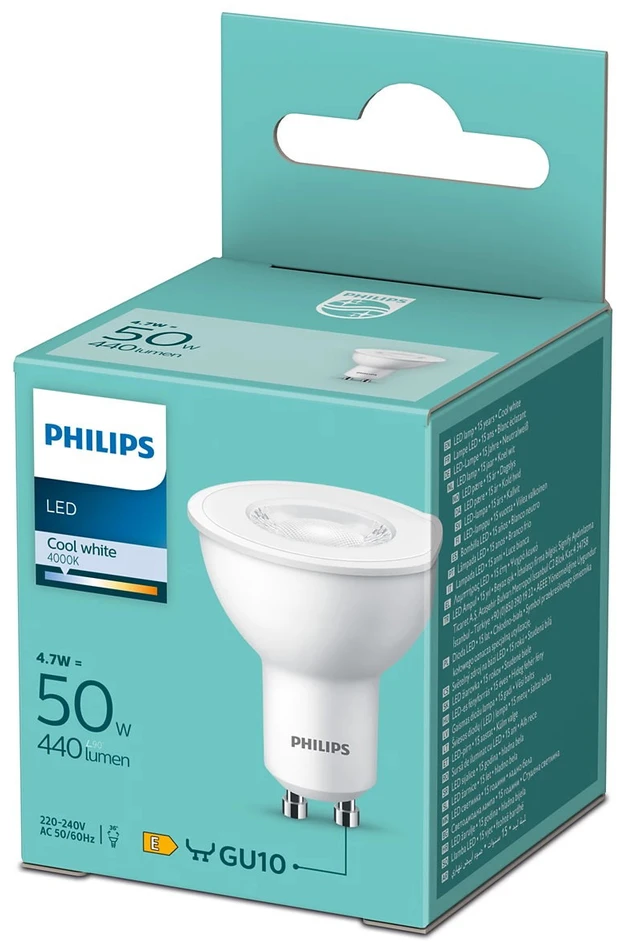 LED lemputė PHILIPS, GU10, 4,7W (=50W), 4000K, 430 lm, 36°, NON-DIM, šaltai baltos spalvos