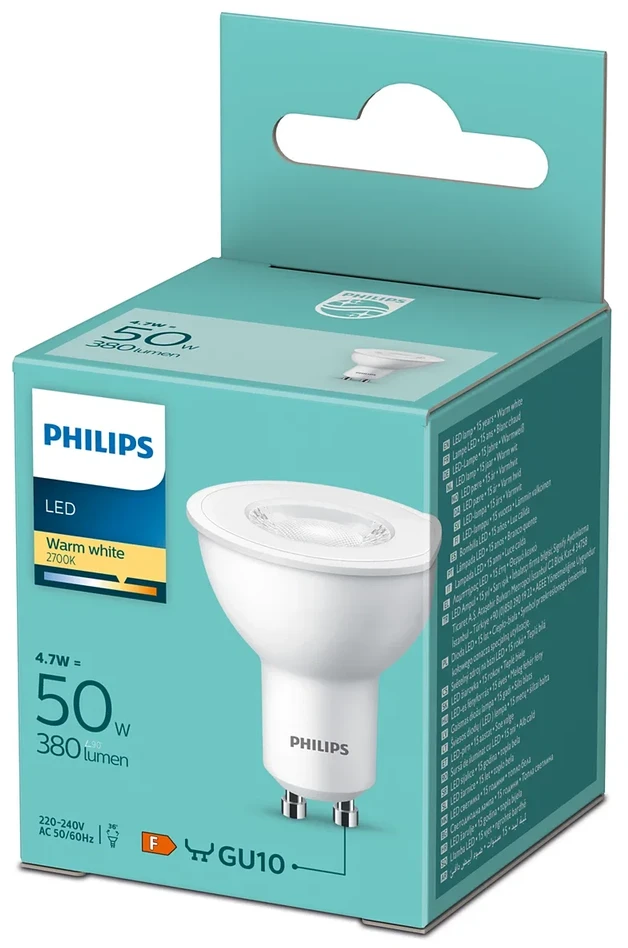 LED lemputė PHILIPS, GU10, 4,7W (=50W), 2700K, 400 lm, 36°, NON-DIM, šaltai baltos spalvos