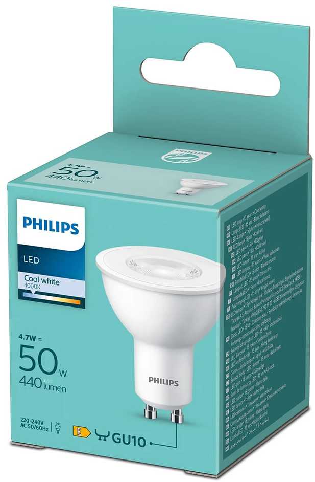 LED lemputė PHILIPS, GU10, 4,7W (=50W), 4000K, 430 lm, 36°, NON-DIM, šaltai baltos spalvos