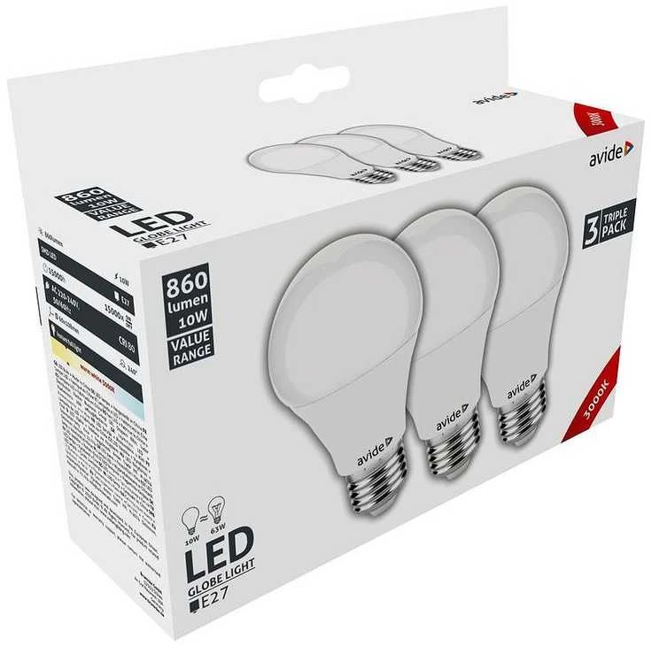 Avide LED lemputės 10W A60 E27 3000K, 3 vnt.