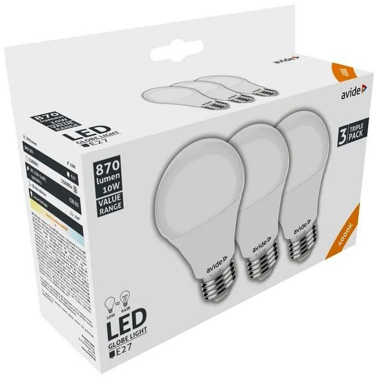Avide LED lemputės 10W A60 E27 4000K, 3 vnt.