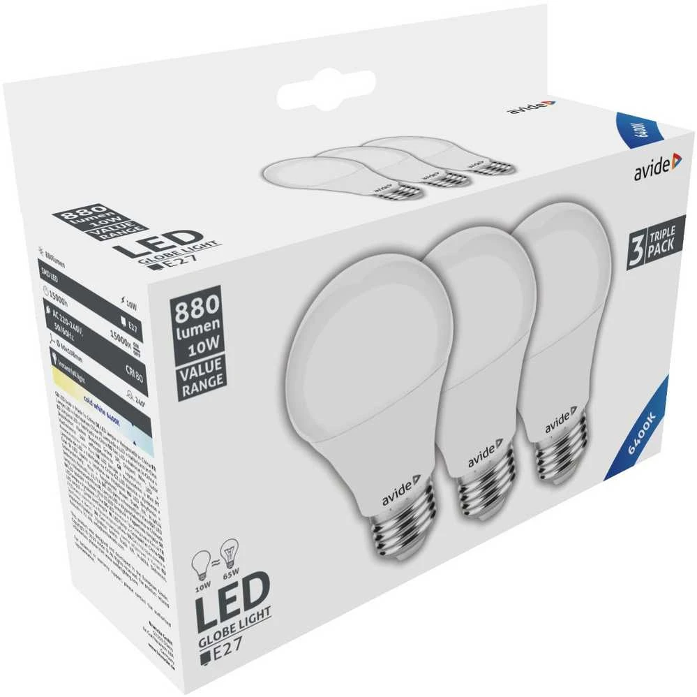 Avide LED lemputės 10W E27 6400K 3vnt