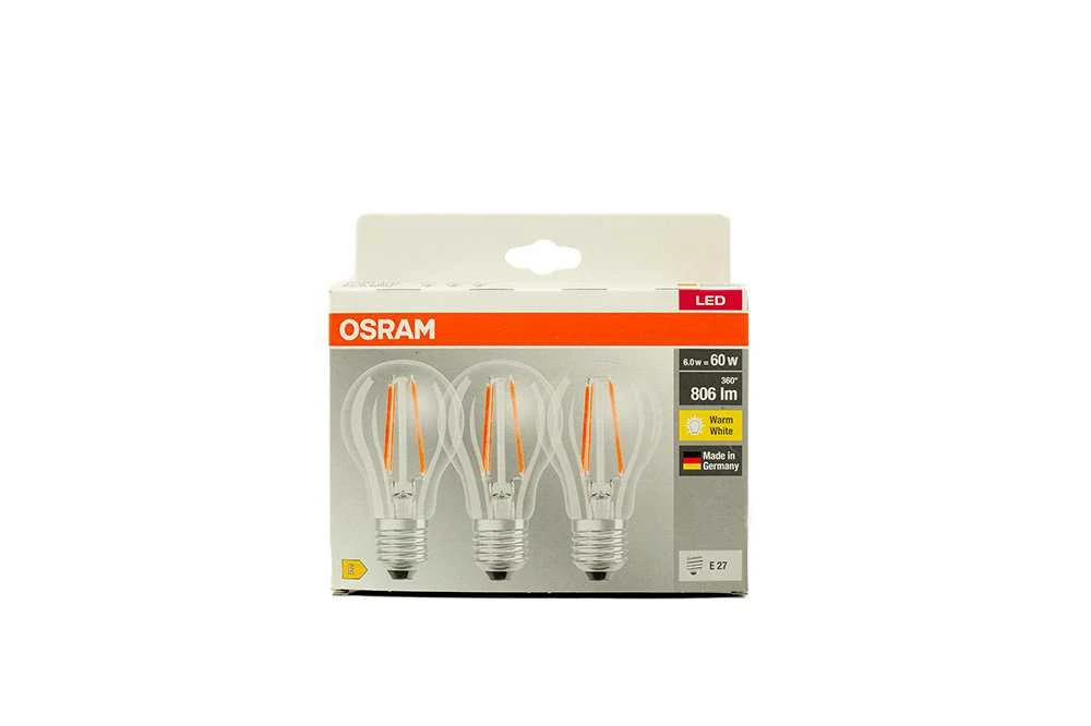 OSRAM FILAMENT BASE CLASSIC LED lemputės, E27, A60, 2700 K, 7 W, 806 Lm, nereguliuojamas šviesos srautas, 3 Wnt