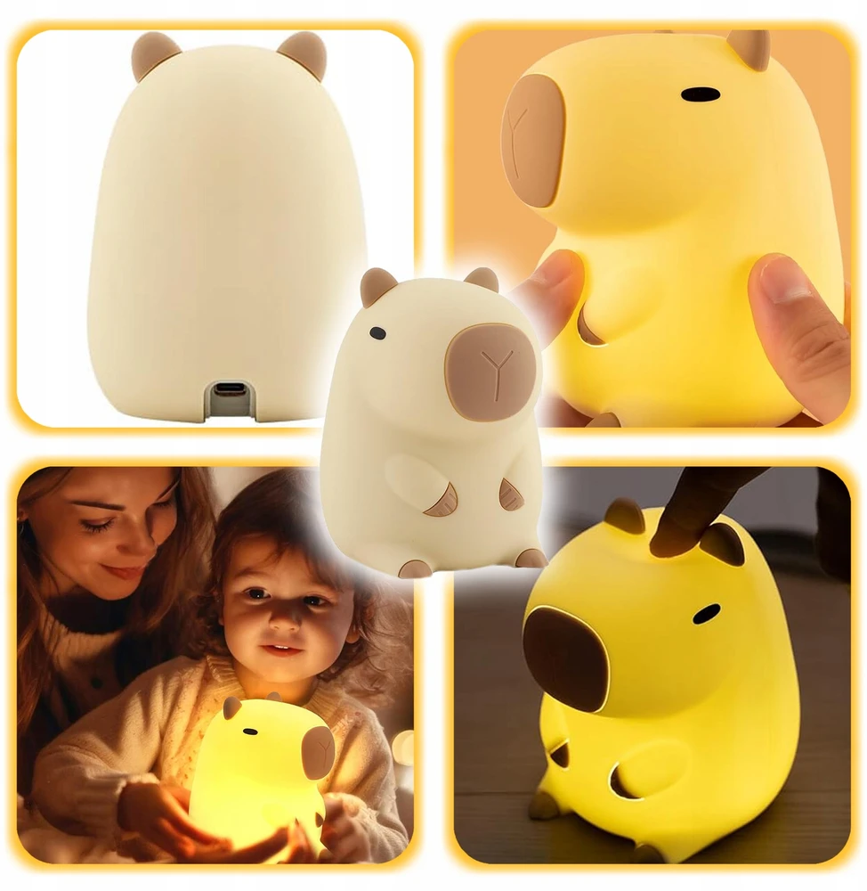 LED NAKTINIS LEMPAS VAIKAMS CAPYBARA SILICONE SOFT TOUCH USB DOVANA