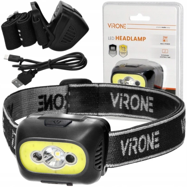 Orno LED žibintas ant galvos VIRONE, 3W, 170lm, elementai 3xAAA (neįeina), juodos/geltonos sp
