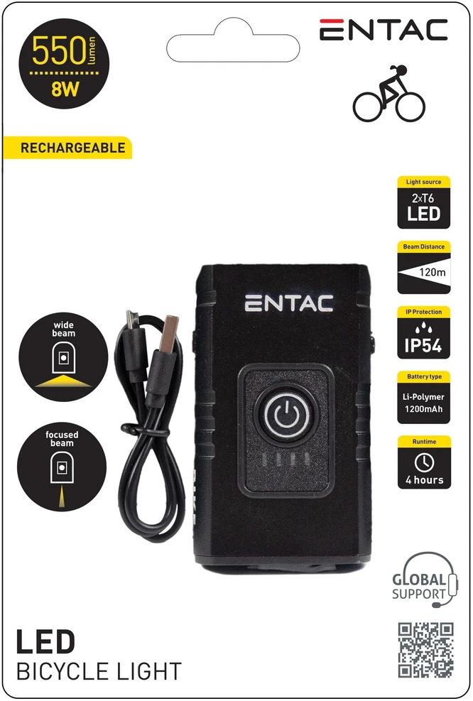 Pakraunamas dviračio žibintas Entac 8W USB 550Lm