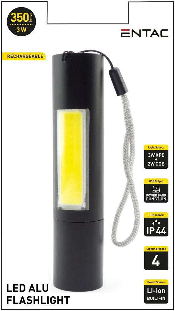 Įkraunamas žibintas Entac 3W XPE+2W COB