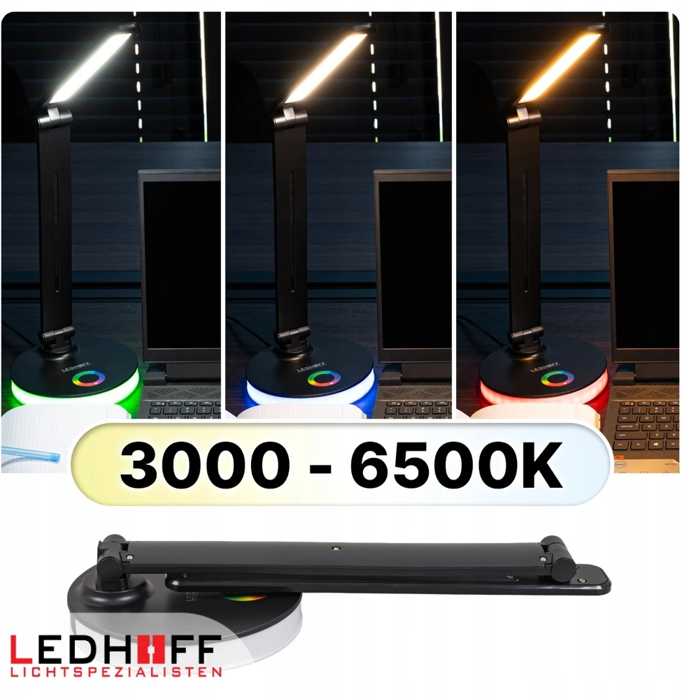 Ledhoff Lampka LED biurkowa szkolna na biurko 3 barwy Juoda nocna RGB regulowana