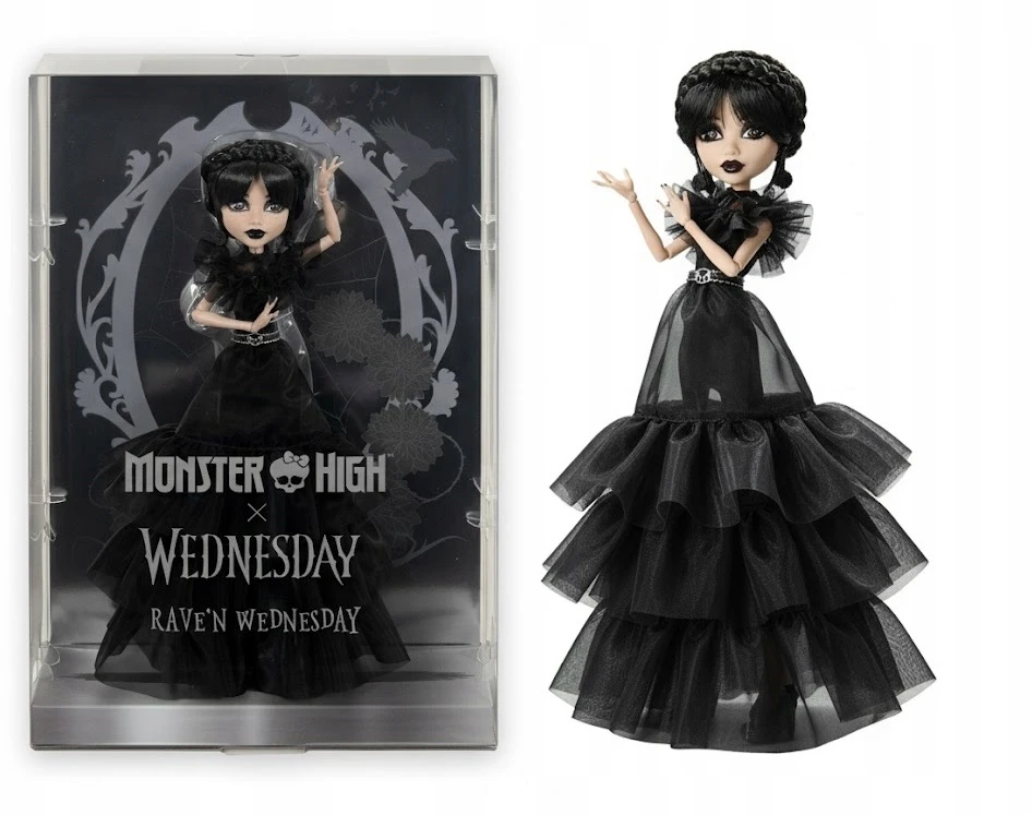 Žaislinė lelė Mattel „Monster High X Wednesday“ Trečiadienė su juoda suknele, 27 cm