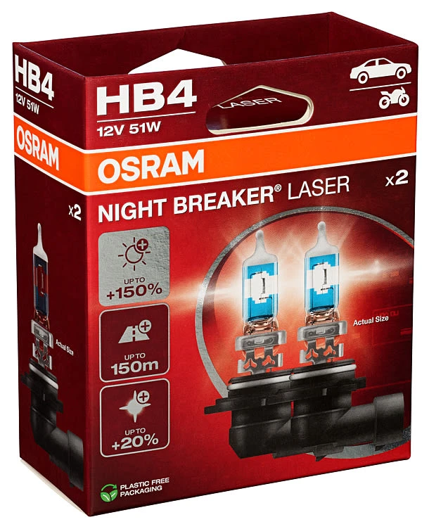 OSRAM Automobilinės lemputės NIGHT BREAKER LASER +150% HB4 51W 12V P22D (amerikietiškiems automobiliams) 2vnt