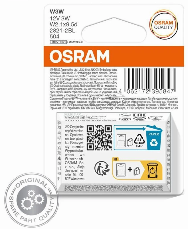 OSRAM Automobilinės lemputės 3W 12V W2.1x9.5D 2vnt