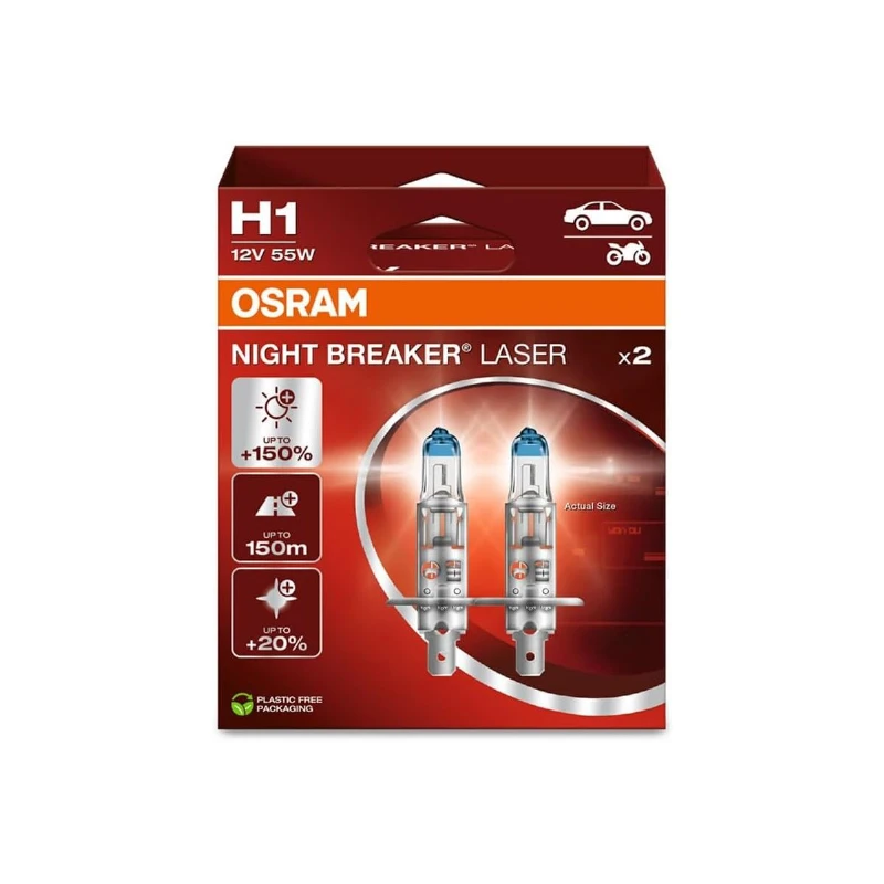 OSRAM Automobilinės lemputės NIGHT BREAKER LASER +150% H1 55W 12V P14.5S 2vnt