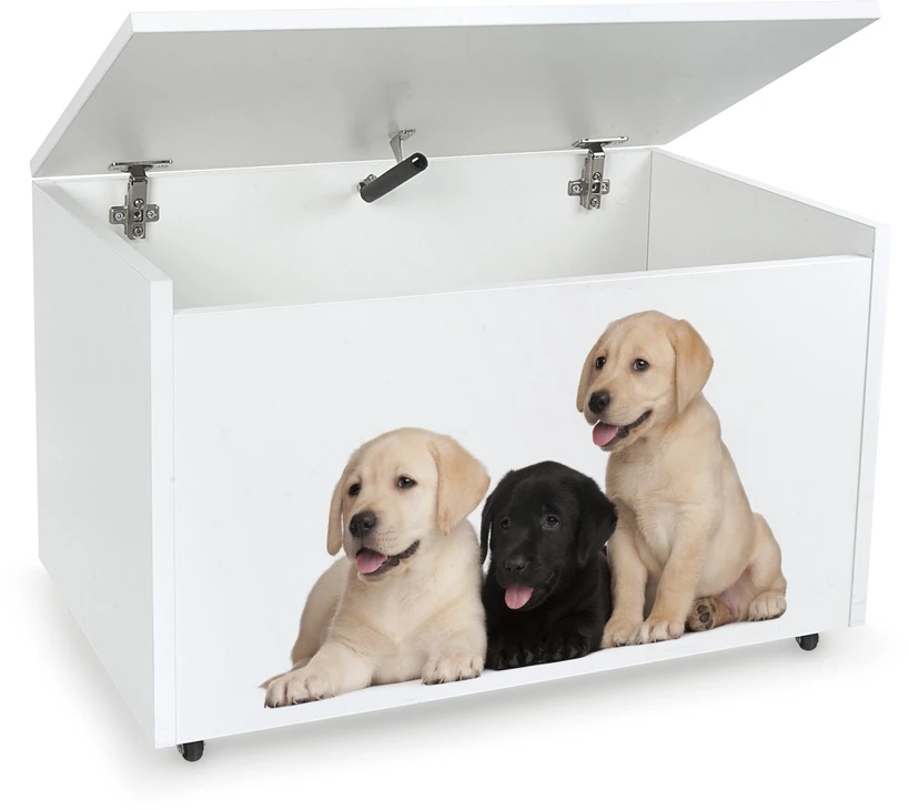 Leomark Duża Drewniana Skrzynia na Žaislai - na Kółkach 71x40 x46cm Pieski Labrador