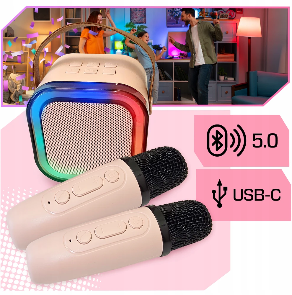 Lewer 2x BEVIELIO MIKROFONO KARAOKĖS RINKINYS VAIKAMS SU BLUETOOTH GARAKARBUČIU