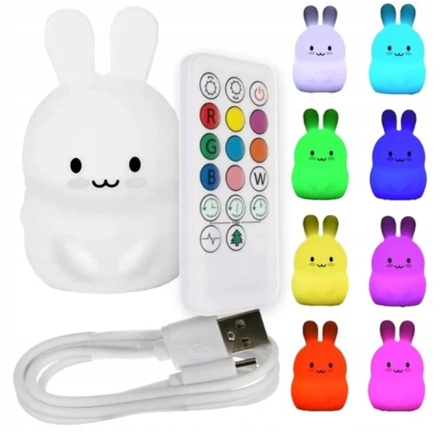 Lewer MIĘKKA Lampka Nocna KRÓLIK Dla Dzieci Kolorowa SILIKONOWA RGB LED + Pilot