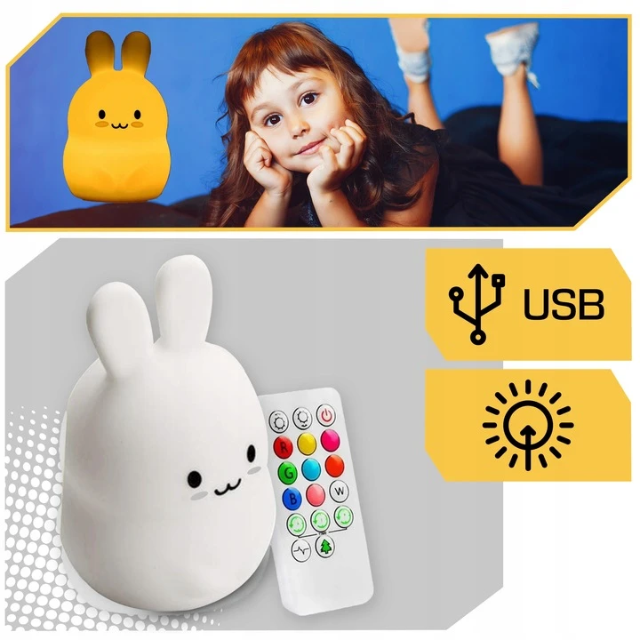 Lewer MIĘKKA Lampka Nocna KRÓLIK Dla Dzieci Kolorowa SILIKONOWA RGB LED + Pilot