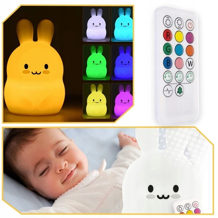 Lewer MIĘKKA Lampka Nocna KRÓLIK Dla Dzieci Kolorowa SILIKONOWA RGB LED + Pilot