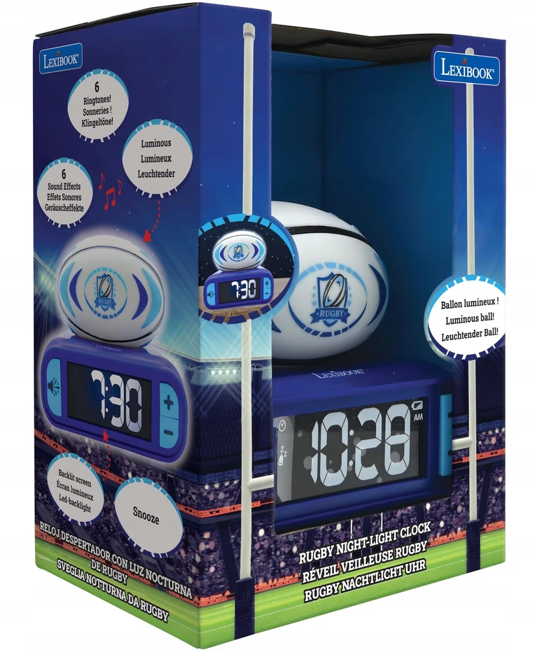 Lexibook Digital alarm clock with 3D rugby ball night light and sound effects