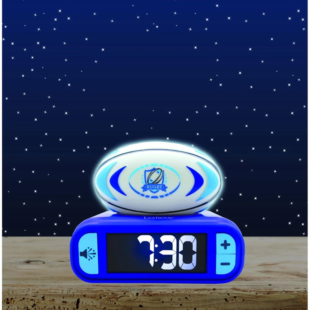 Lexibook Digital alarm clock with 3D rugby ball night light and sound effects