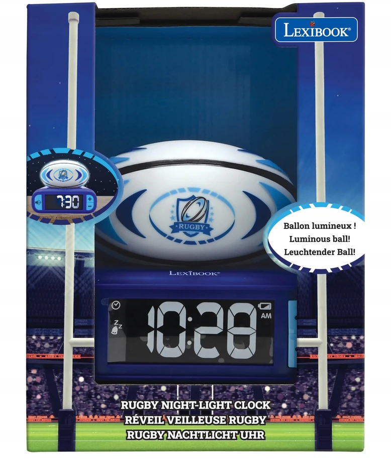 Lexibook Digital alarm clock with 3D rugby ball night light and sound effects