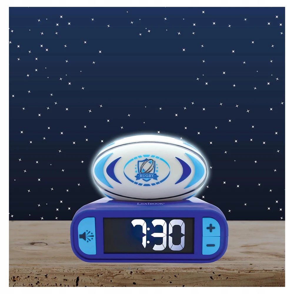 Lexibook Digital alarm clock with 3D rugby ball night light and sound effects