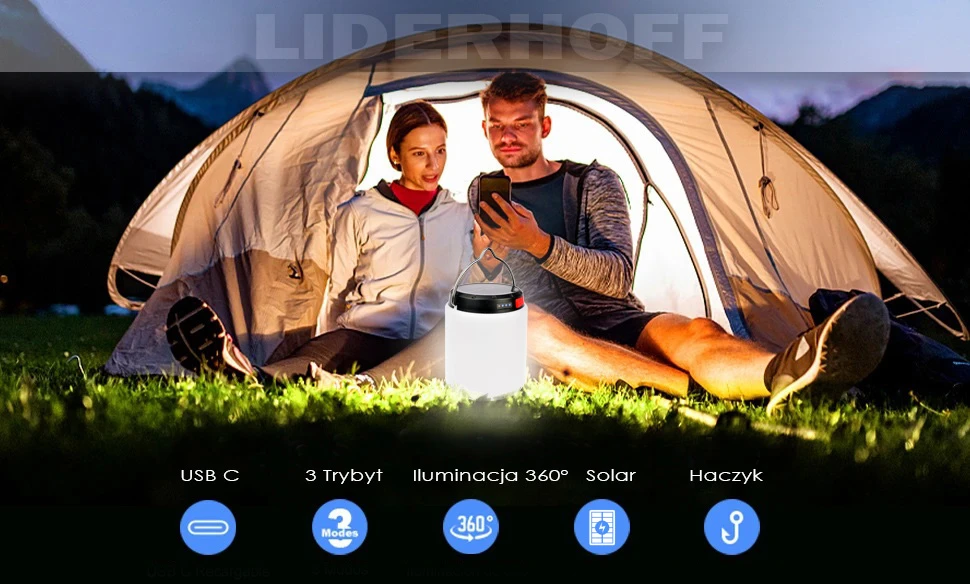 Liderhoff MINI TURISTINĖ LEMPA KEMPINGAS Baltas SAULĖS LED LED ĮKRAKOMAMAS