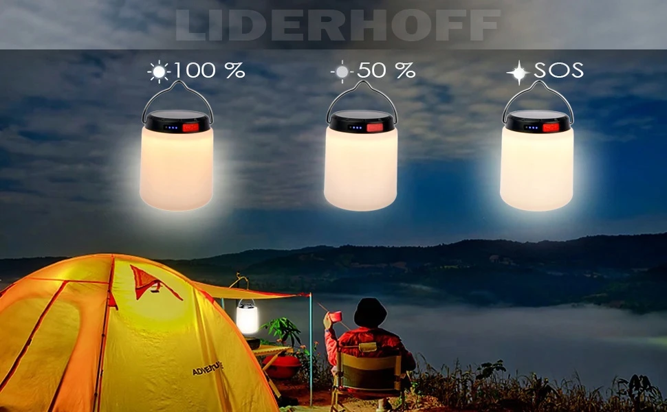 Liderhoff MINI TURISTINĖ LEMPA KEMPINGAS Baltas SAULĖS LED LED ĮKRAKOMAMAS