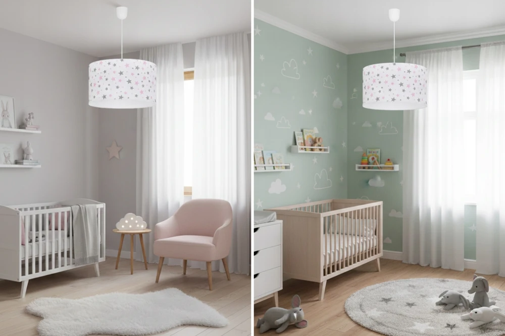 Light Home LAMPA WISZĄCA SUFITOWA DZIECIĘCA ŻYRANDOL Z ABAŻUREM Baltas RÓŻOWE GWIAZDKI
