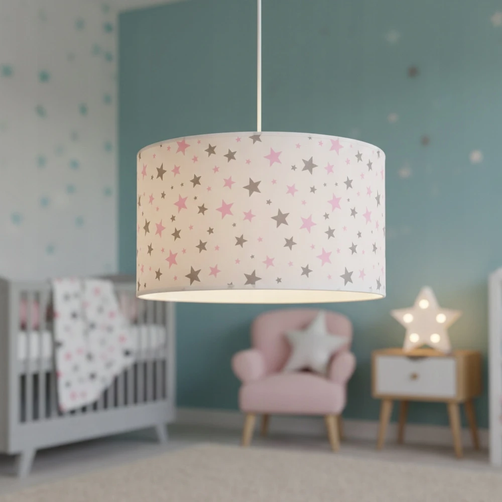 Light Home LAMPA WISZĄCA SUFITOWA DZIECIĘCA ŻYRANDOL Z ABAŻUREM Baltas RÓŻOWE GWIAZDKI
